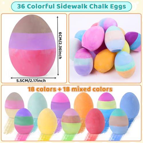 Bkpvr 36-Pack Sidewalk Chalk Eggs – 18 Solid + 18 Mixed Colors, Non-Toxic & Washable for Kids Toddlers Easter Basket