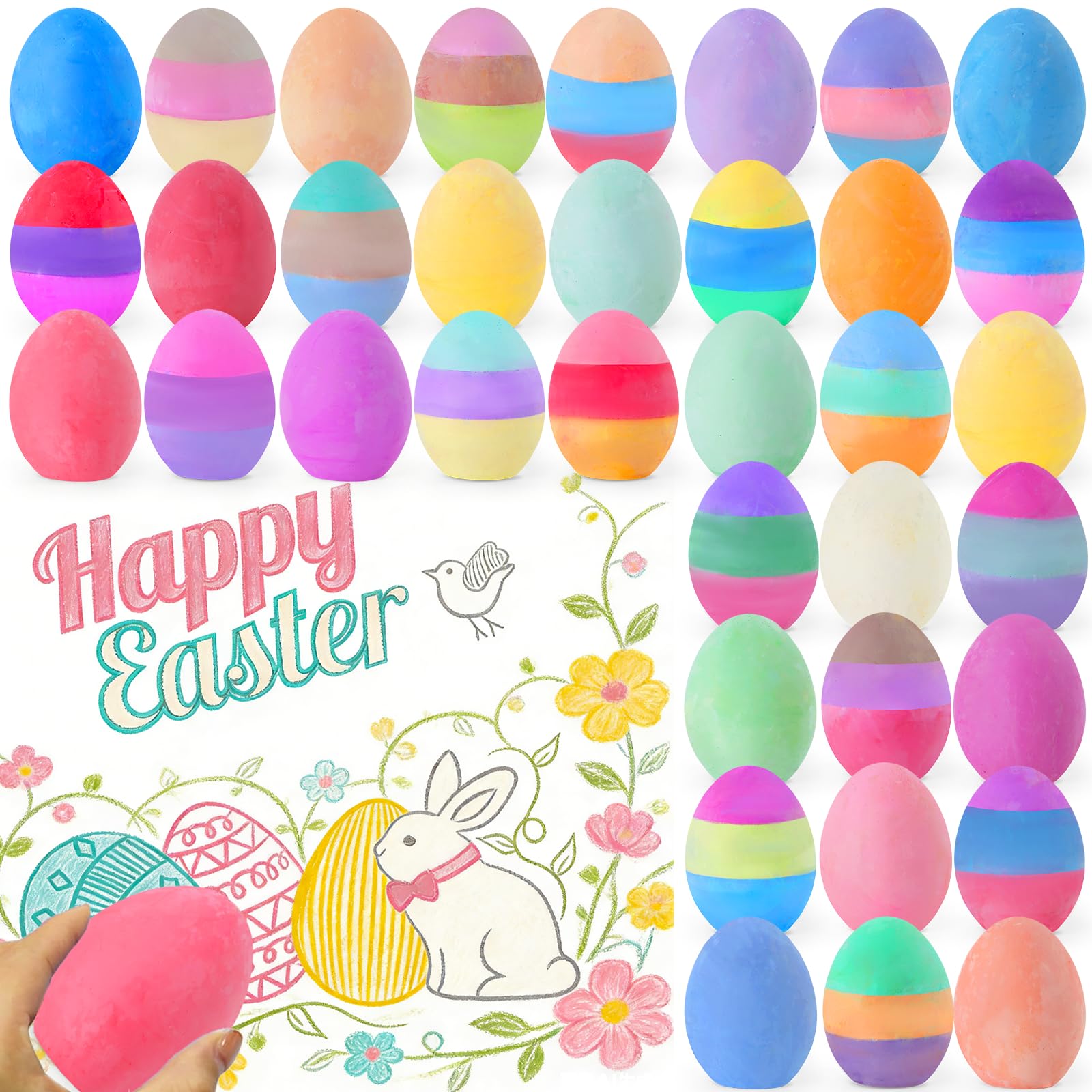 Bkpvr 36-Pack Sidewalk Chalk Eggs – 18 Solid + 18 Mixed Colors, Non-Toxic & Washable for Kids Toddlers Easter Basket