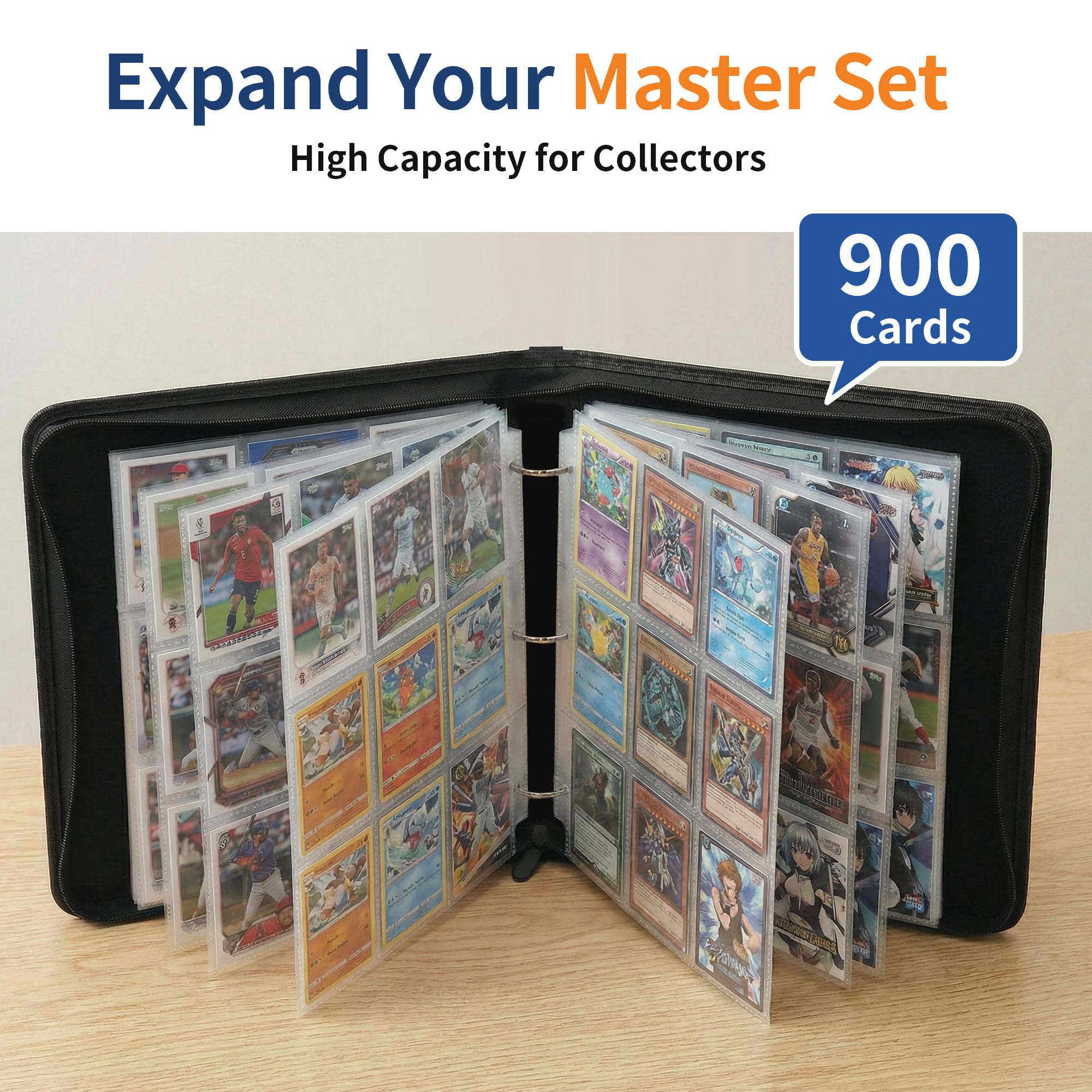 Black 9-Pocket Trading Card Binder - Holds 900 Cards, Zippered PU Leather Album for Pokemon, Sports & TCG