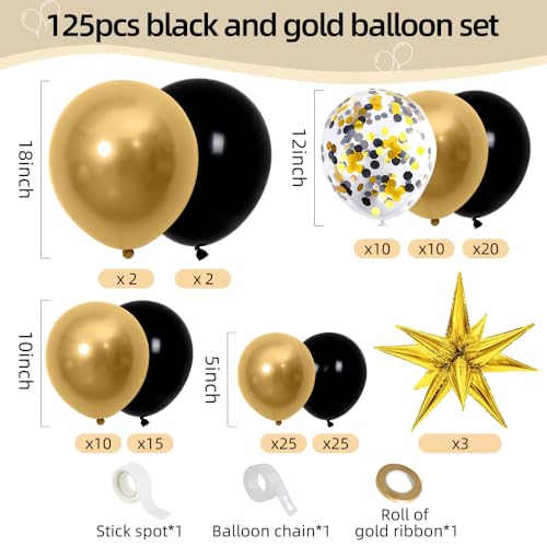Black and Gold Balloon Arch Kit 128 Pieces - 18 12 10 5 Inch Latex Balloons with Stars for Birthday Anniversary Wedding Party Decor