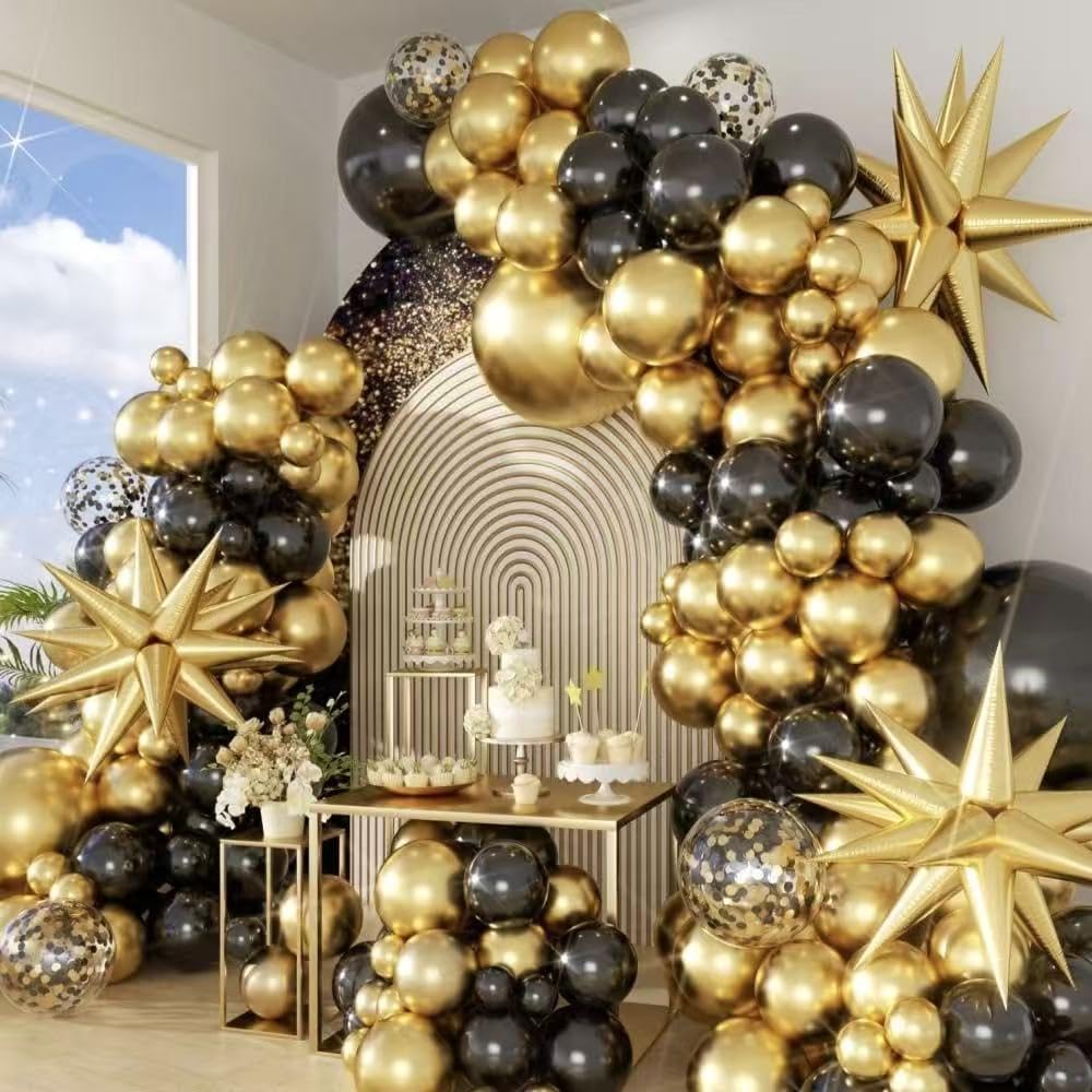 Black and Gold Balloon Arch Kit 128 Pieces - 18 12 10 5 Inch Latex Balloons with Stars for Birthday Anniversary Wedding Party Decor
