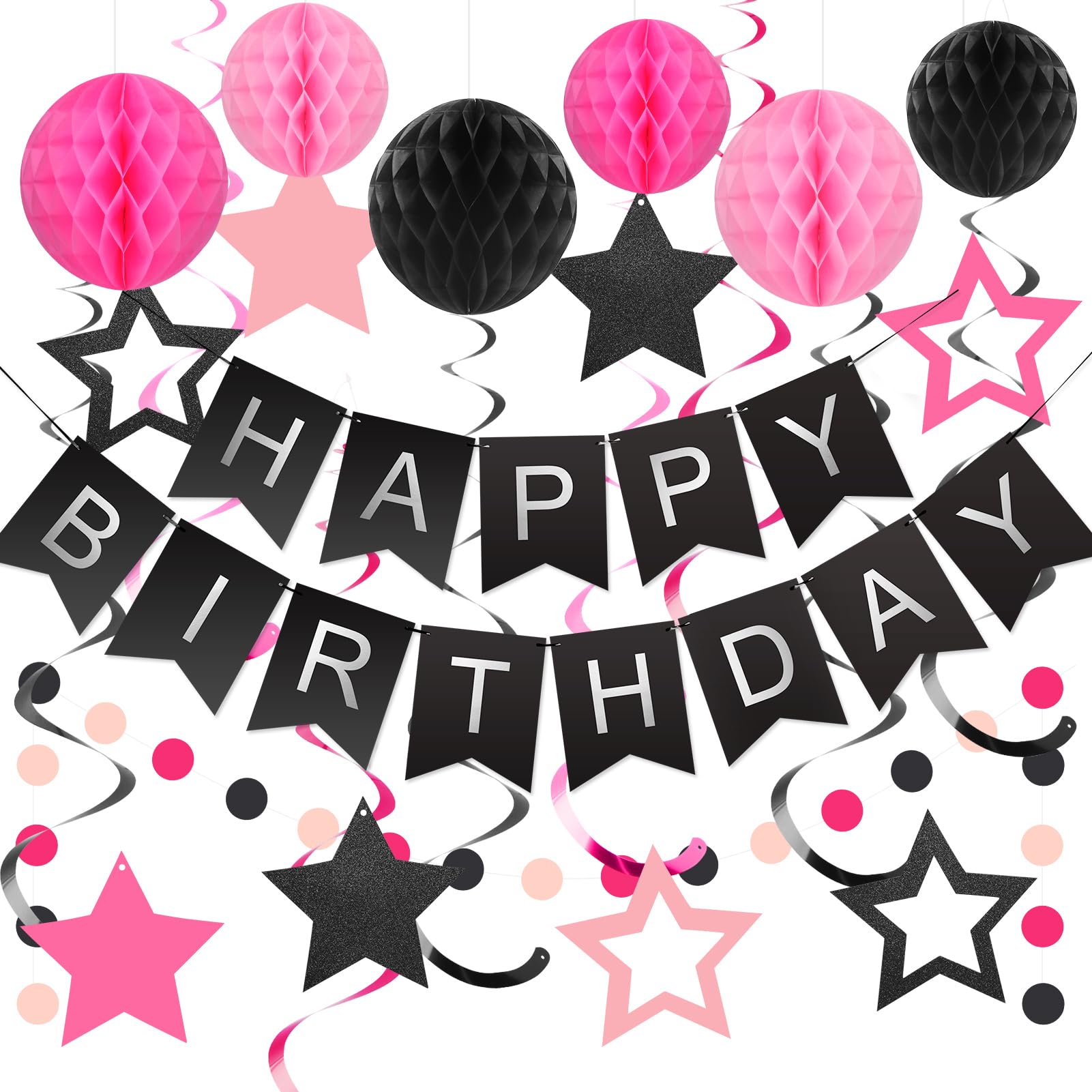 Black and Pink Birthday Decorations - 30-Piece Party Set with Banner, Honeycomb Balls, Star Streamers & Circle Dots Garland