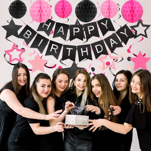 Black and Pink Birthday Decorations - 30-Piece Party Set with Banner, Honeycomb Balls, Star Streamers & Circle Dots Garland