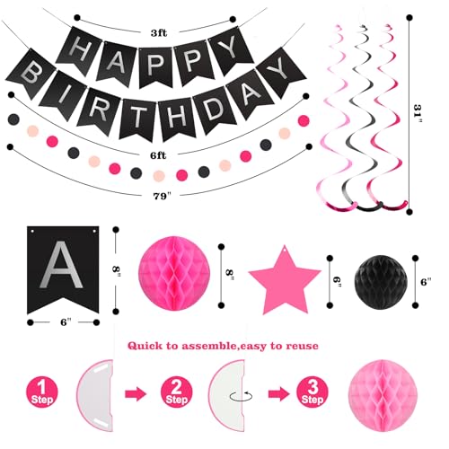 Black and Pink Birthday Decorations - 30-Piece Party Set with Banner, Honeycomb Balls, Star Streamers & Circle Dots Garland