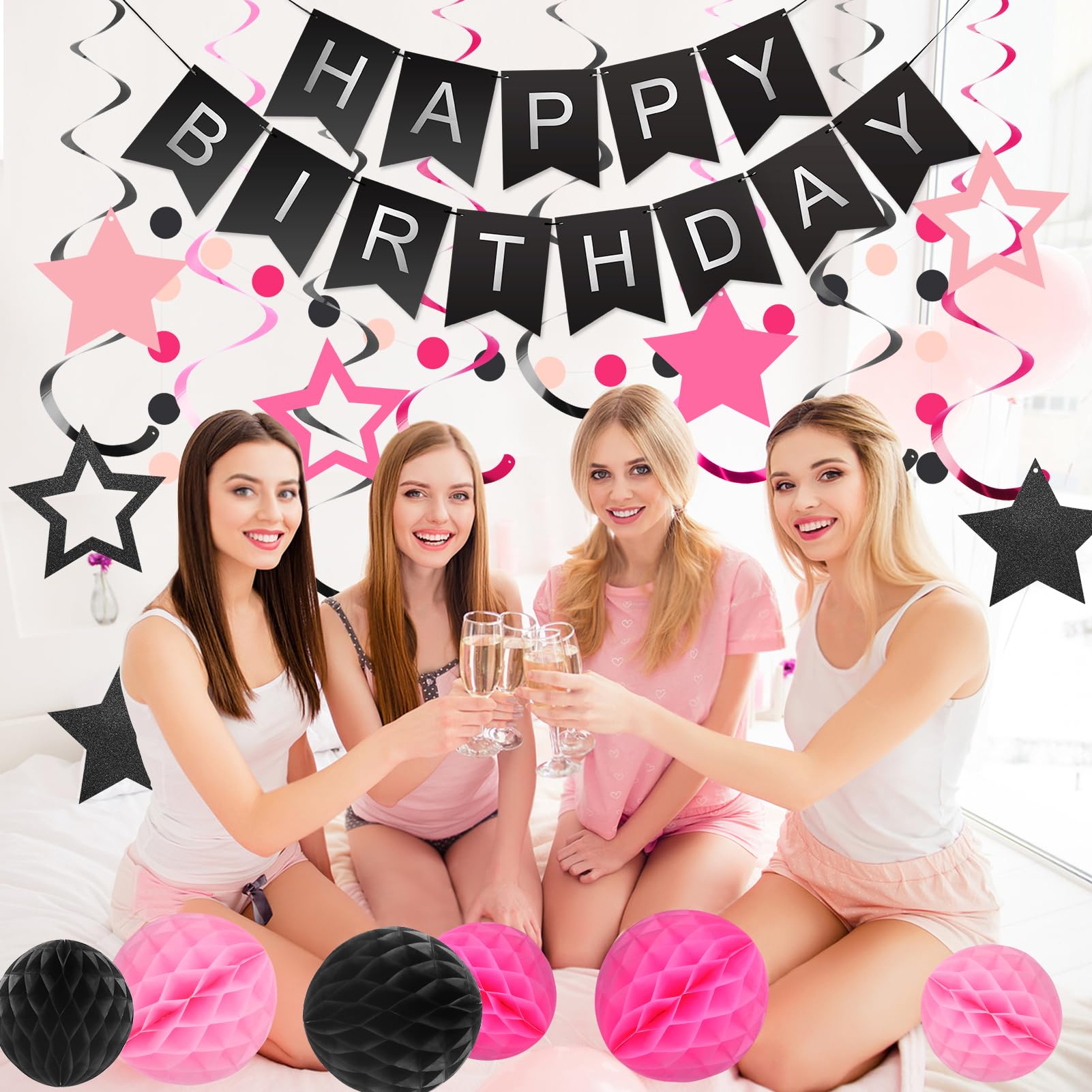 Black and Pink Birthday Decorations - 30-Piece Party Set with Banner, Honeycomb Balls, Star Streamers & Circle Dots Garland