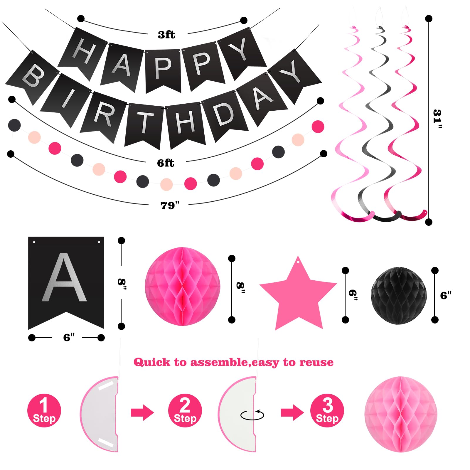 Black and Pink Birthday Decorations - 30-Piece Party Set with Banner, Honeycomb Balls, Star Streamers & Circle Dots Garland