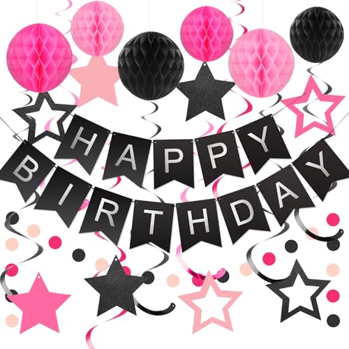 Black and Pink Birthday Decorations - 30-Piece Party Set with Banner, Honeycomb Balls, Star Streamers & Circle Dots Garland