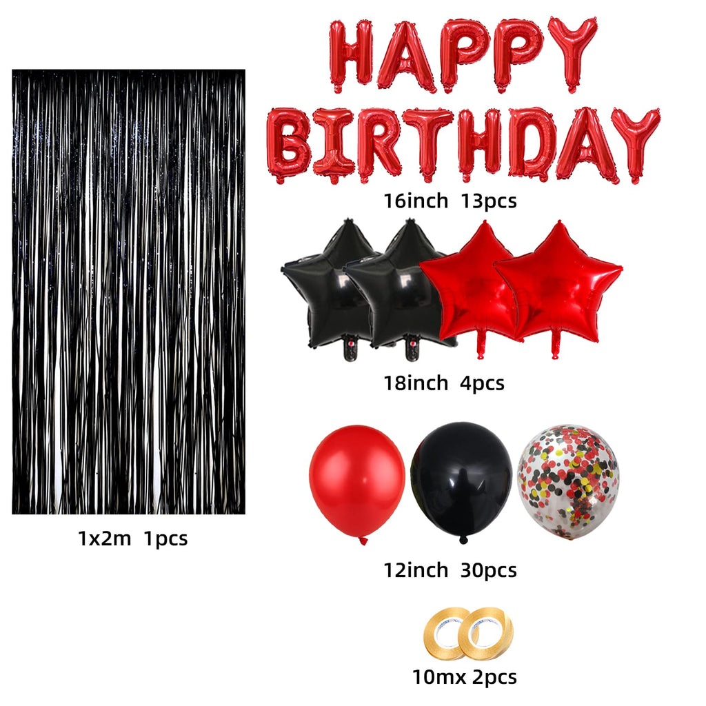 Black and Red Birthday Decorations Kit - 50-Piece Party Supplies with Banner, Fringe Curtain, and Balloons for 18th 30th 40th 50th 60th Birthday