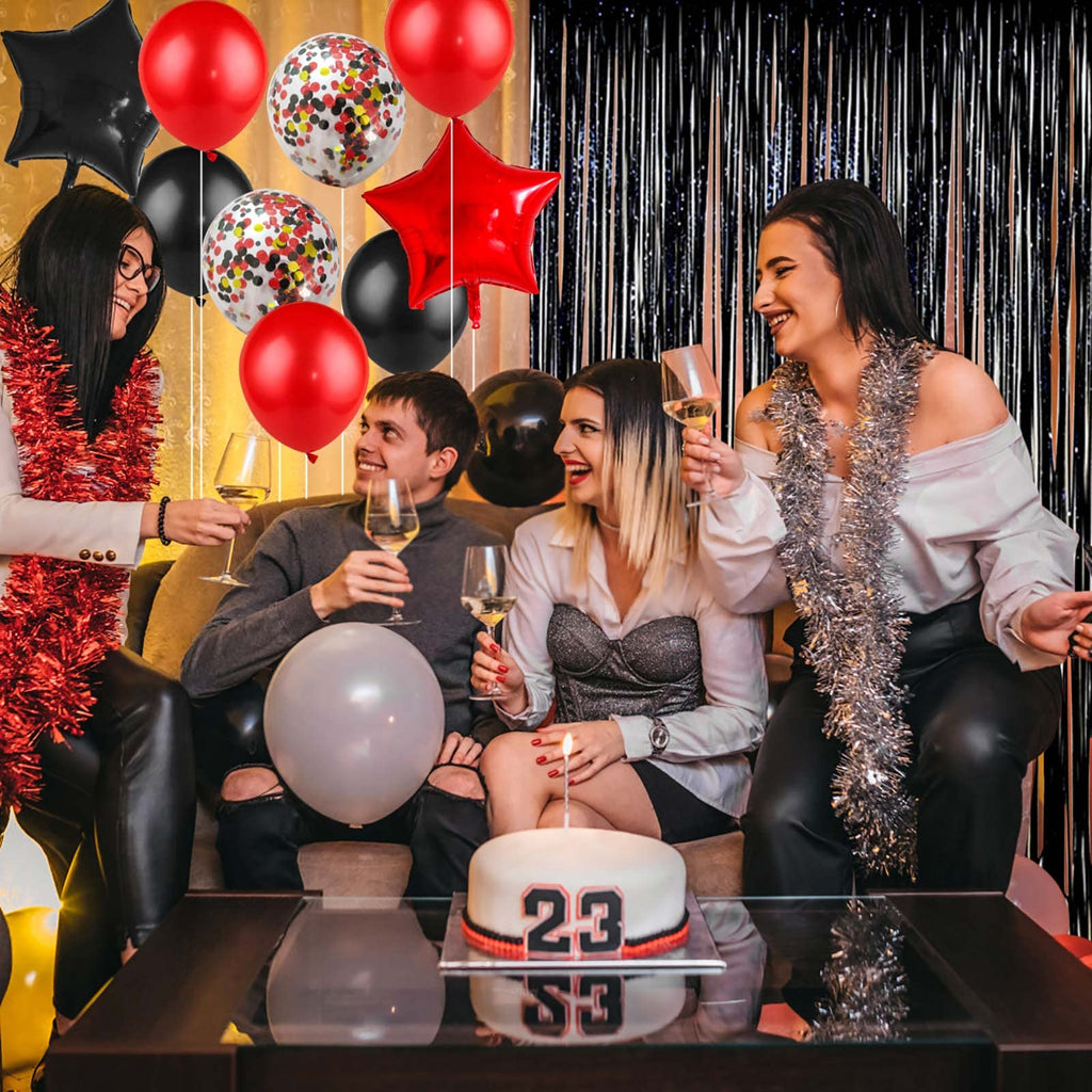 Black and Red Birthday Decorations Kit - 50-Piece Party Supplies with Banner, Fringe Curtain, and Balloons for 18th 30th 40th 50th 60th Birthday