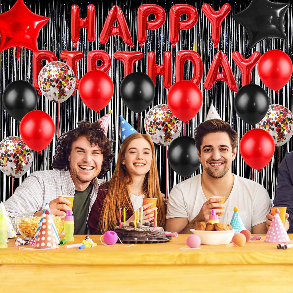 Black and Red Birthday Decorations Kit - 50-Piece Party Supplies with Banner, Fringe Curtain, and Balloons for 18th 30th 40th 50th 60th Birthday