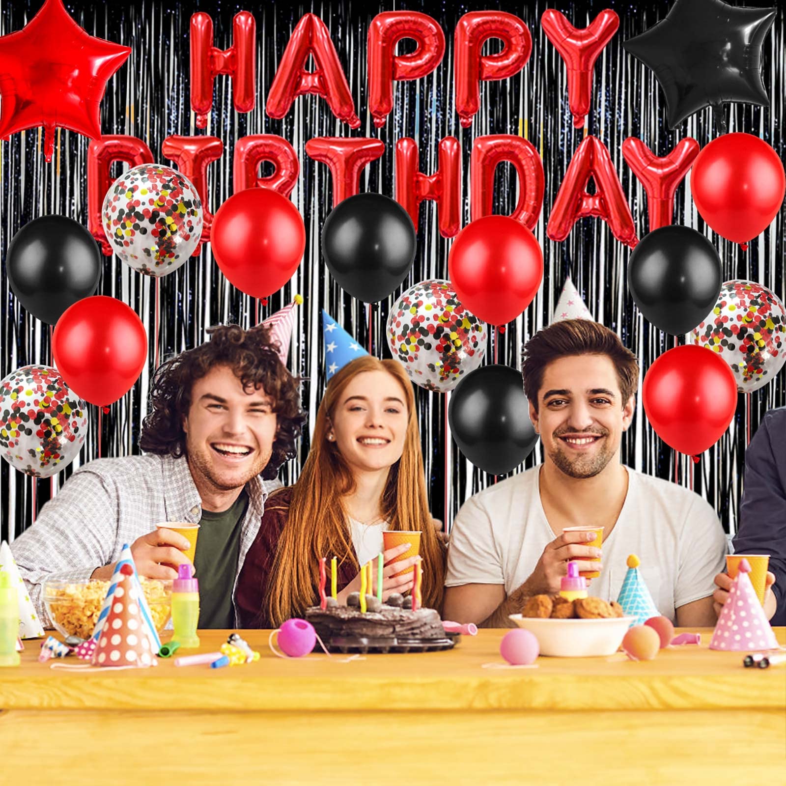 Black and Red Birthday Decorations Kit - 50-Piece Party Supplies with Banner, Fringe Curtain, and Balloons for 18th 30th 40th 50th 60th Birthday