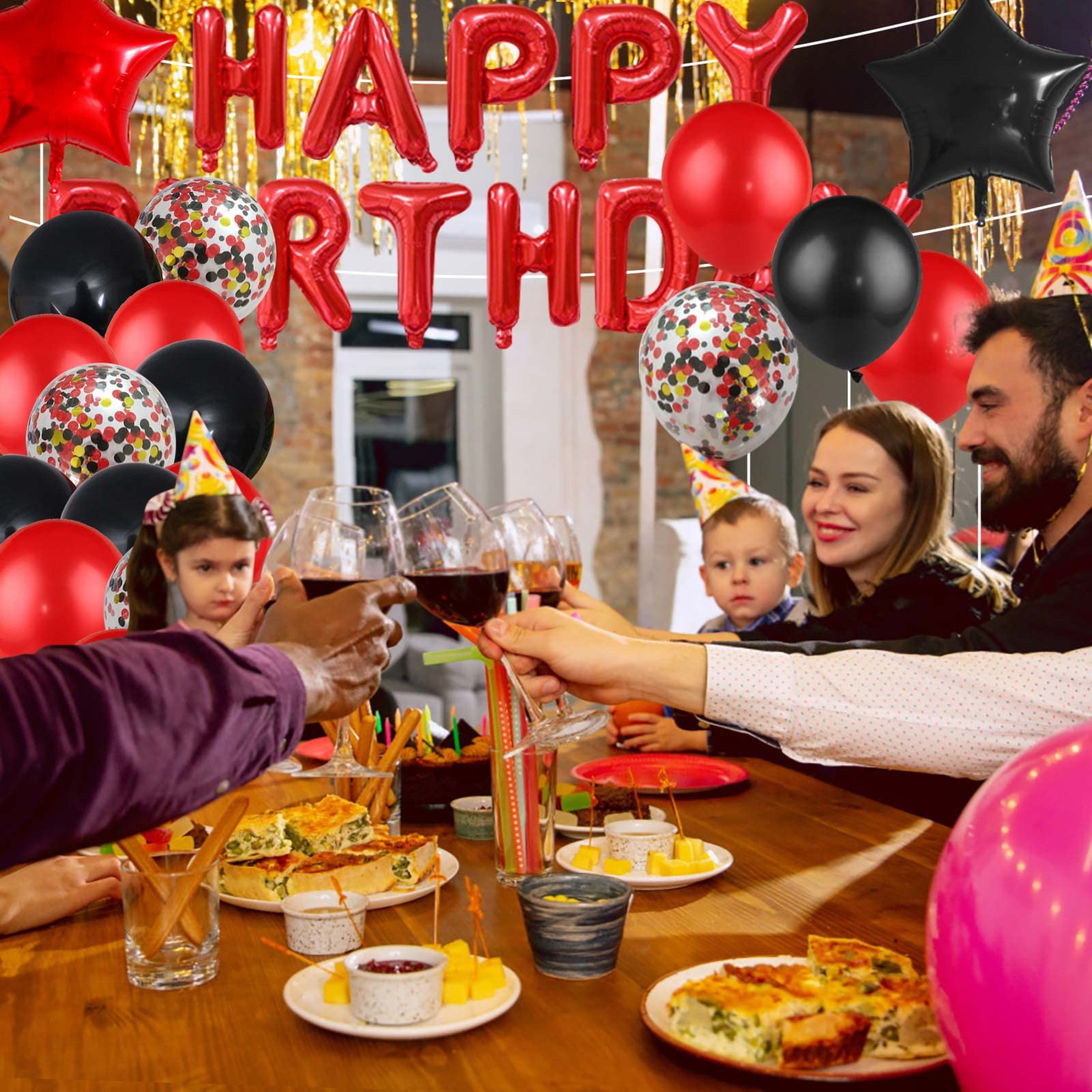 Black and Red Birthday Decorations Kit - 50-Piece Party Supplies with Banner, Fringe Curtain, and Balloons for 18th 30th 40th 50th 60th Birthday