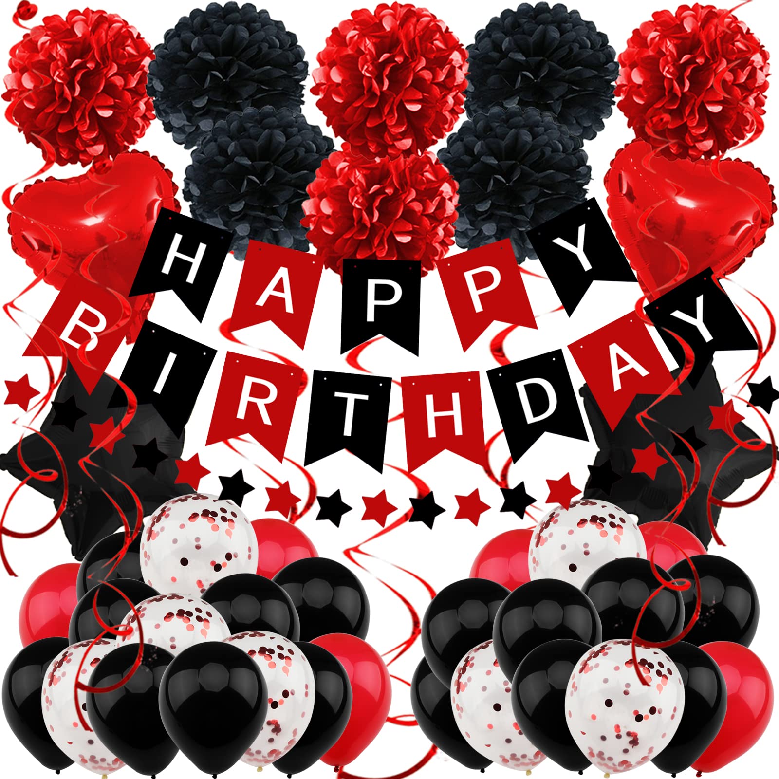 Black and Red Birthday Party Decorations Kit – Banner, Balloons, Pompoms by ZERODECO