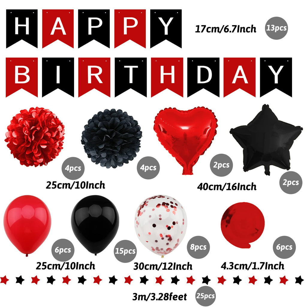 Black and Red Birthday Party Decorations Kit – Banner, Balloons, Pompoms by ZERODECO