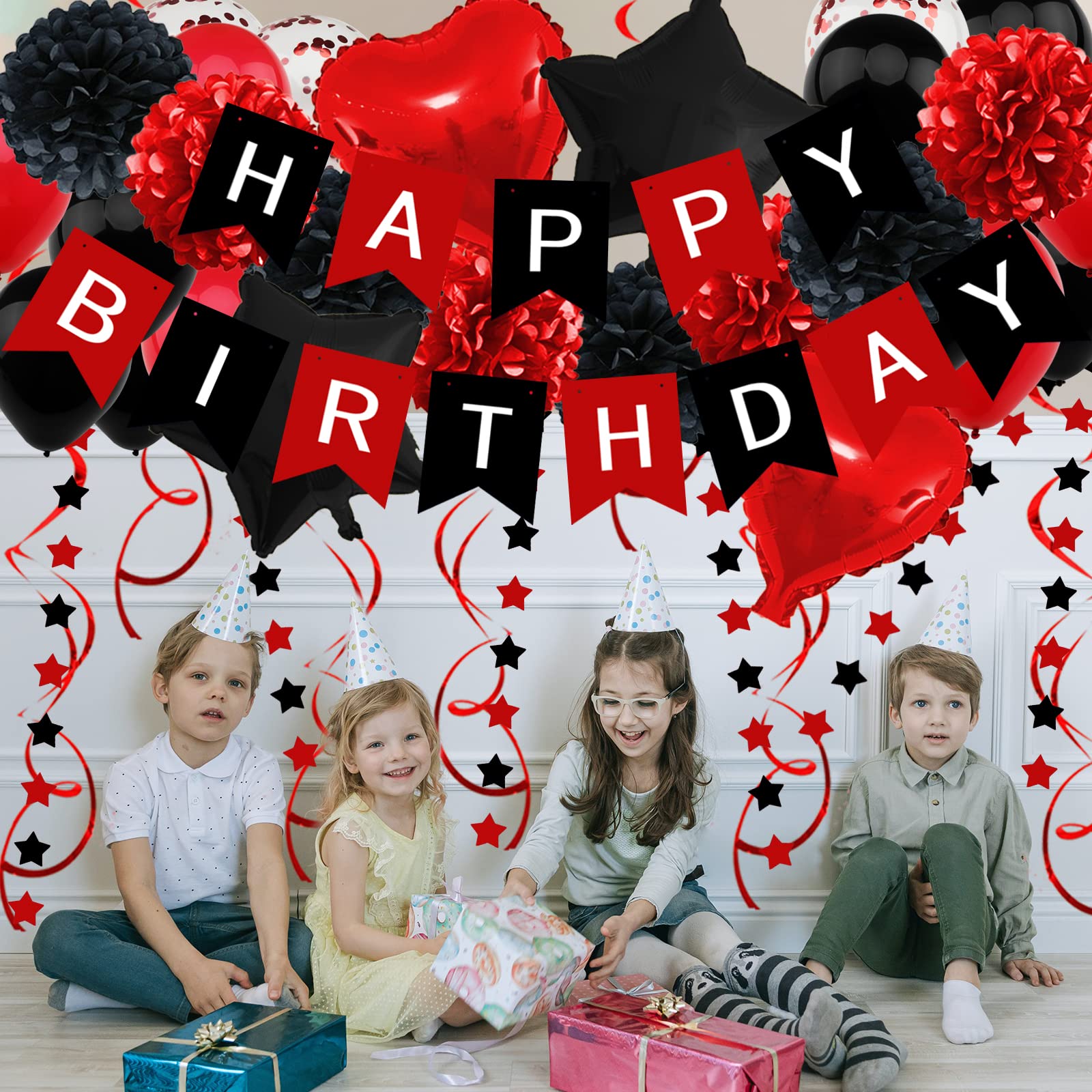 Black and Red Birthday Party Decorations Kit – Banner, Balloons, Pompoms by ZERODECO