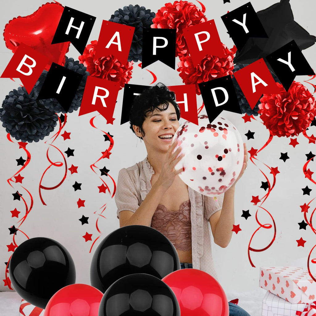 Black and Red Birthday Party Decorations Kit – Banner, Balloons, Pompoms by ZERODECO