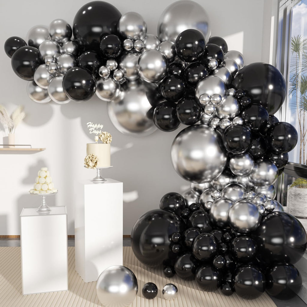 Black and Silver Balloon Garland Arch Kit – 135 Pieces Latex Balloons in Multiple Sizes for Graduation, Birthday & Party Decor