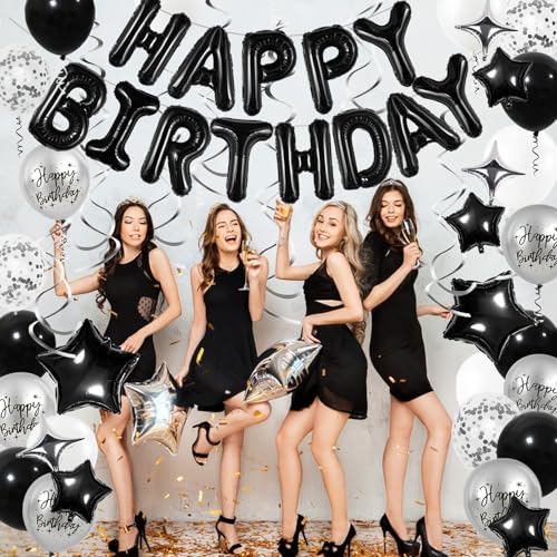 Black and Silver Birthday Party Decorations Set – Foil Banner, Star & Confetti Balloons, Hanging Swirls by YWWSNSE