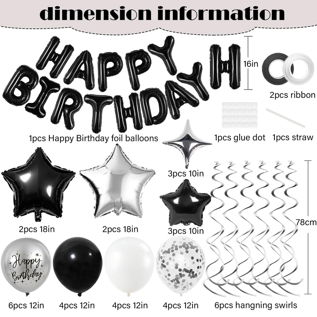 Black and Silver Birthday Party Decorations Set – Foil Banner, Star & Confetti Balloons, Hanging Swirls by YWWSNSE