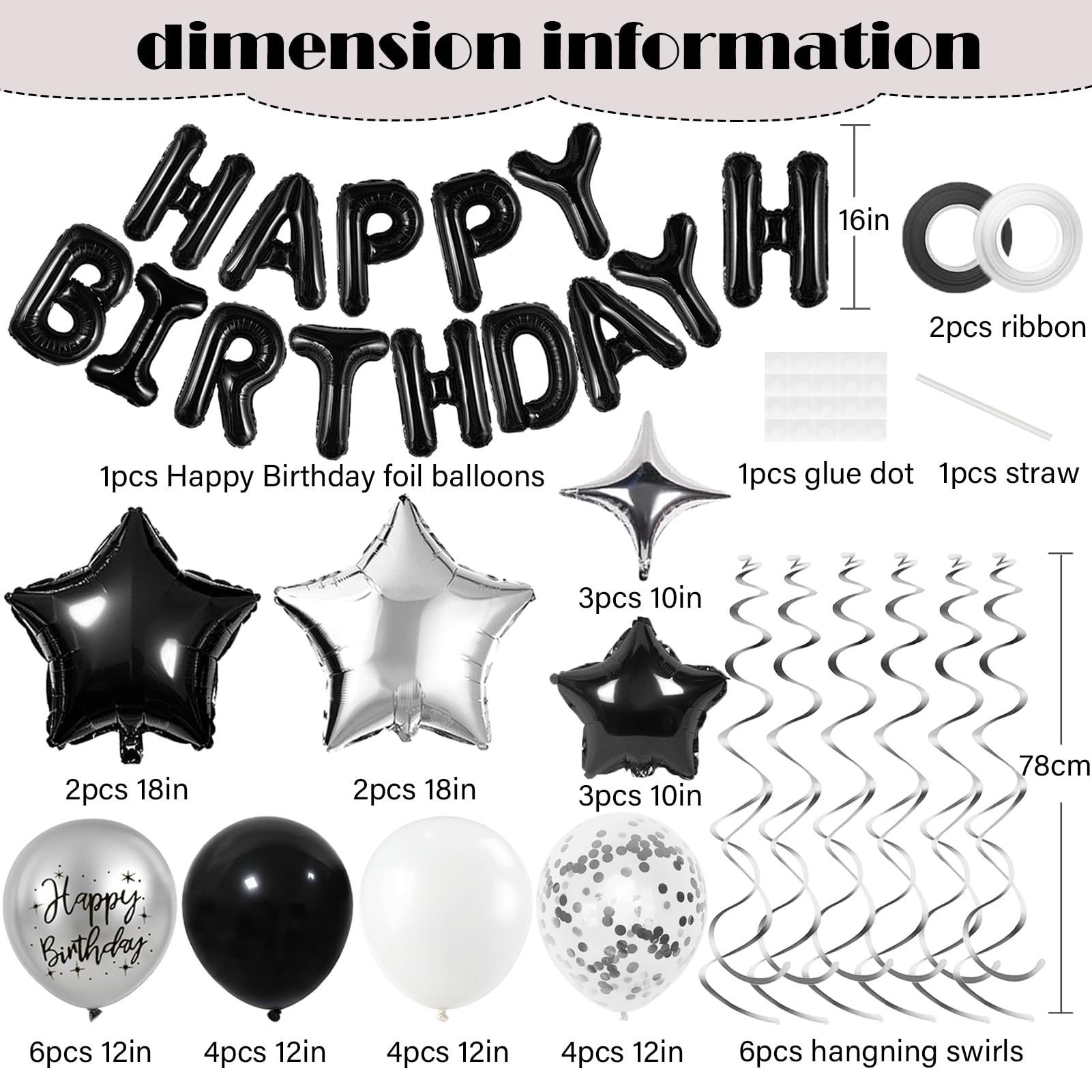 Black and Silver Birthday Party Decorations Set – Foil Banner, Star & Confetti Balloons, Hanging Swirls by YWWSNSE