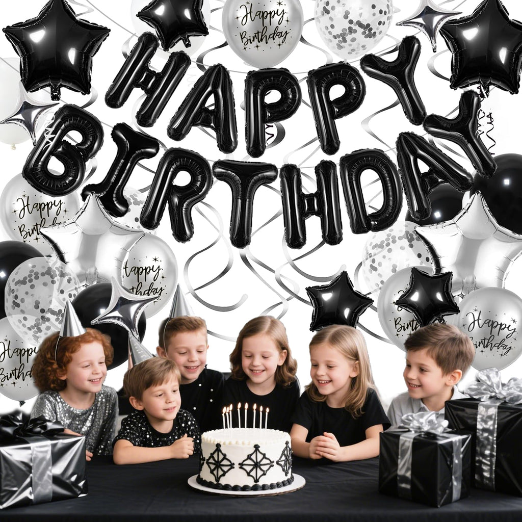 Black and Silver Birthday Party Decorations Set – Foil Banner, Star & Confetti Balloons, Hanging Swirls by YWWSNSE
