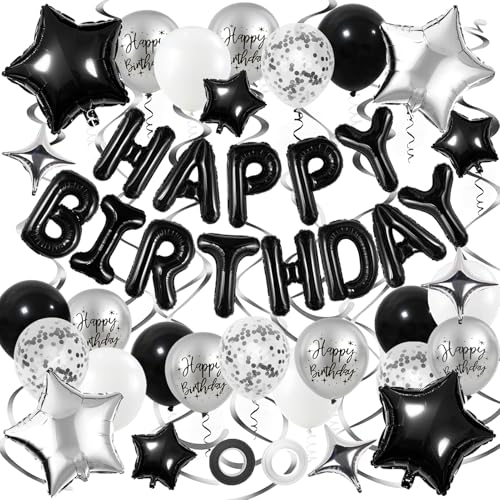 Black and Silver Birthday Party Decorations Set – Foil Banner, Star & Confetti Balloons, Hanging Swirls by YWWSNSE