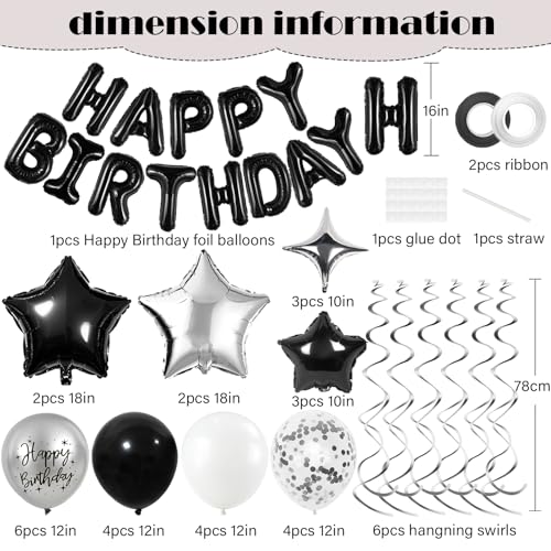 Black and Silver Birthday Party Decorations Set – Foil Banner, Star & Confetti Balloons, Hanging Swirls by YWWSNSE