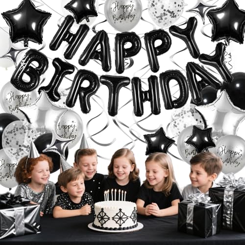 Black and Silver Birthday Party Decorations Set – Foil Banner, Star & Confetti Balloons, Hanging Swirls by YWWSNSE