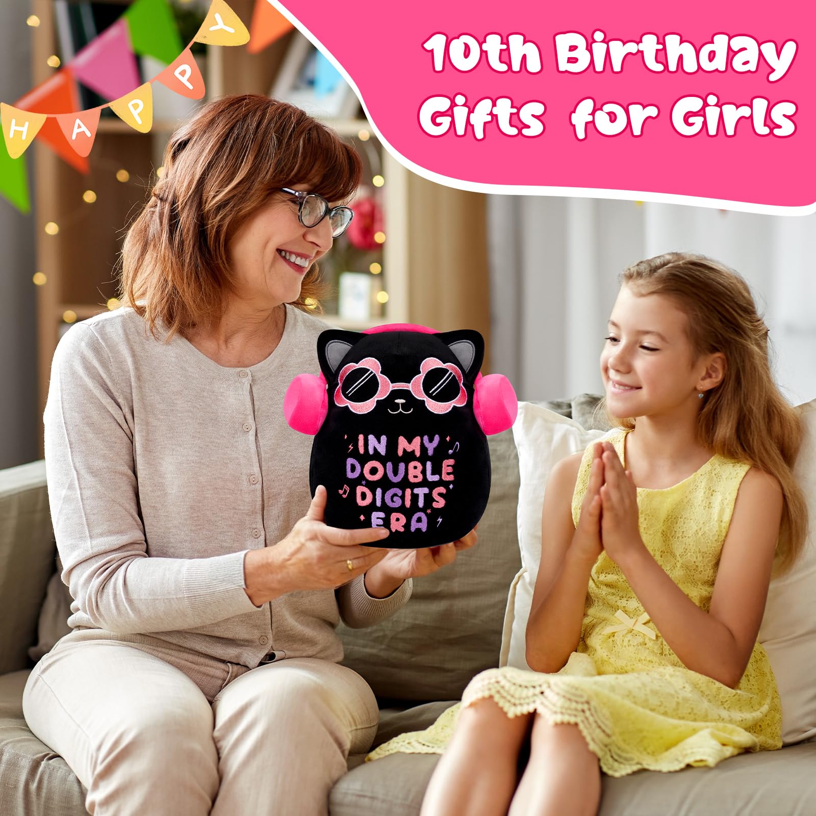 Black Cat Plush ‘In My Double Digits Era’ – Perfect 10 Year Old Girl Gift for 10th Birthday with Pink Headphones & Sunglasses