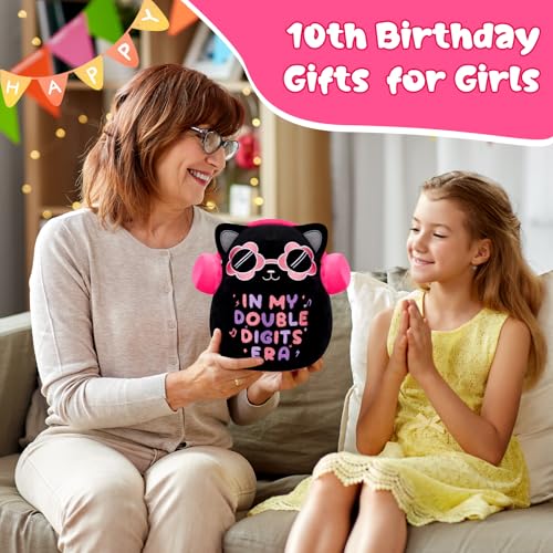 Black Cat Plush ‘In My Double Digits Era’ – Perfect 10 Year Old Girl Gift for 10th Birthday with Pink Headphones & Sunglasses