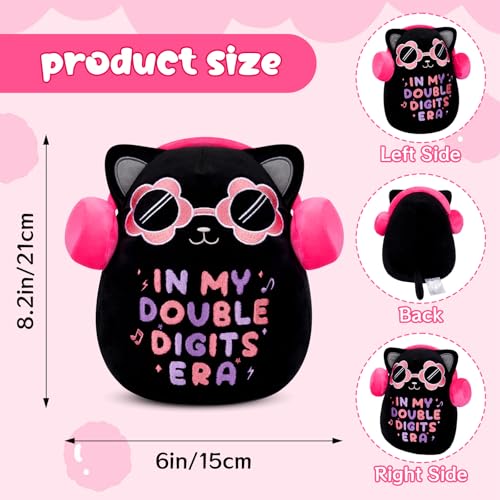Black Cat Plush ‘In My Double Digits Era’ – Perfect 10 Year Old Girl Gift for 10th Birthday with Pink Headphones & Sunglasses