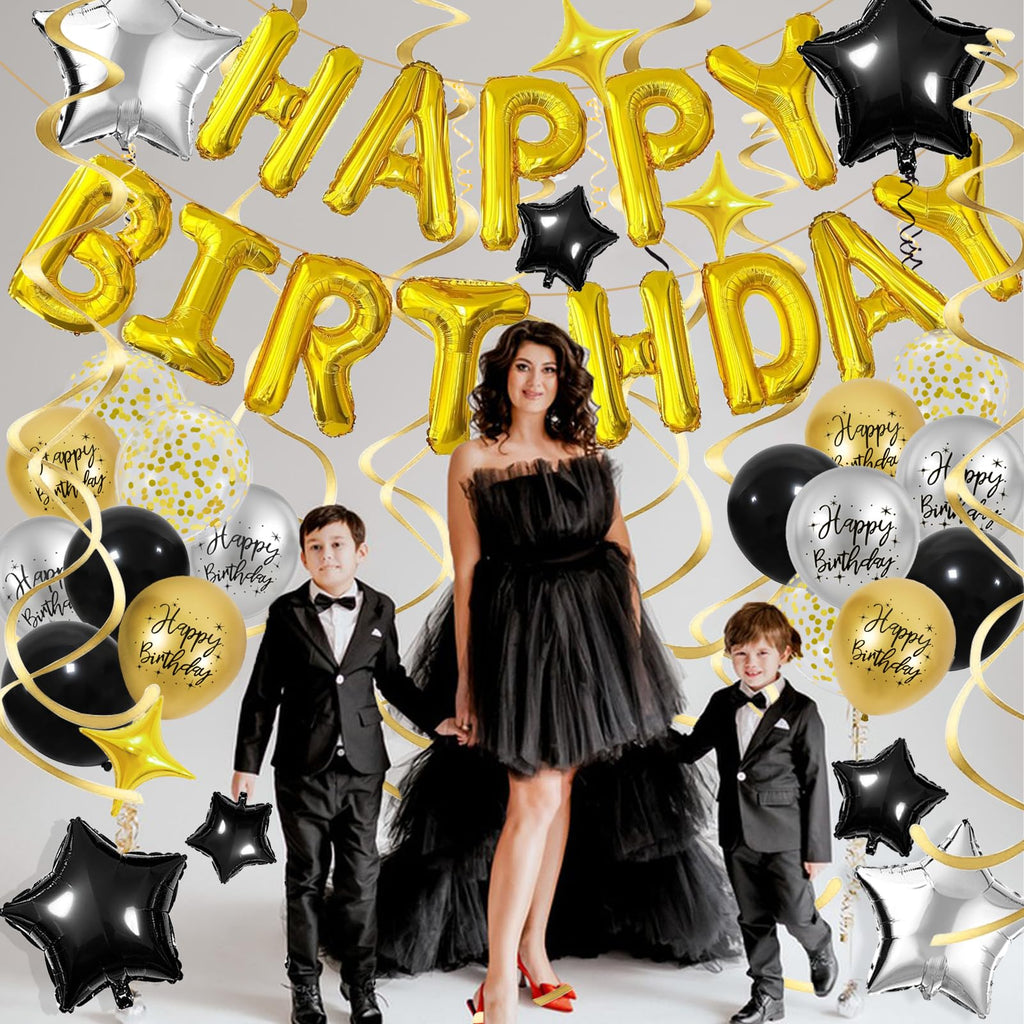 Black & Gold Birthday Decorations Set – Foil Banner, Star Balloons, Confetti, Swirls