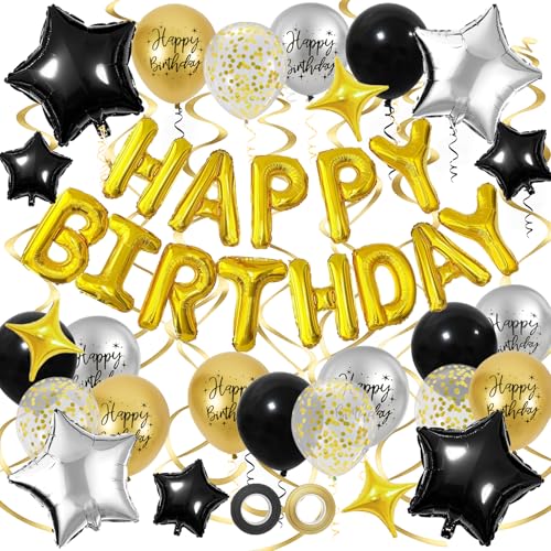 Black & Gold Birthday Decorations Set – Foil Banner, Star Balloons, Confetti, Swirls