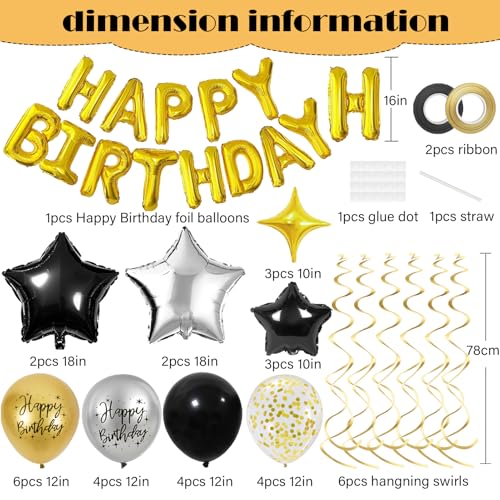 Black & Gold Birthday Decorations Set – Foil Banner, Star Balloons, Confetti, Swirls