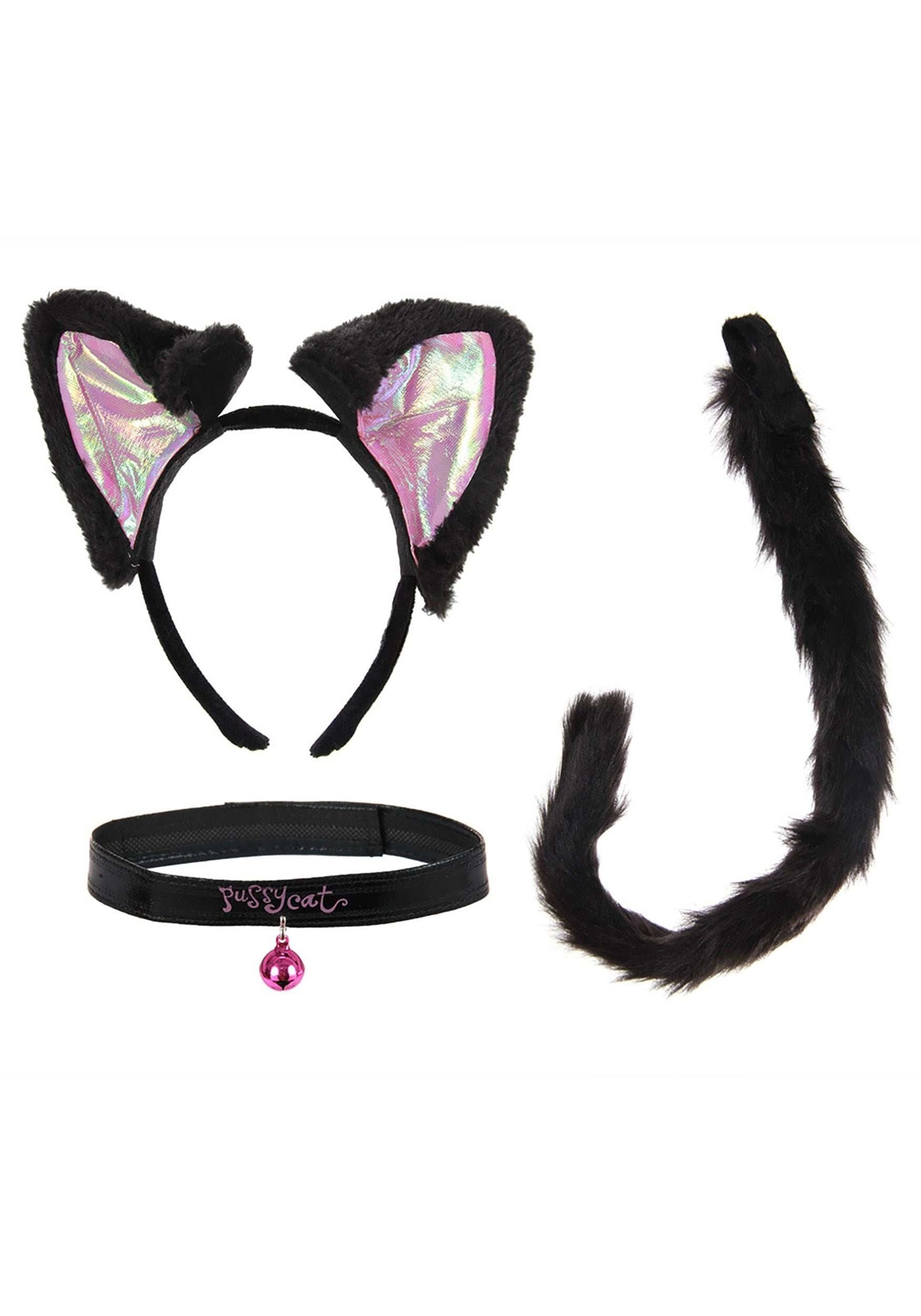 Black & Pink Cat Ears, Collar & Tail Kit - Velvet Headband, Bell Collar, Adjustable Faux Fur Tail