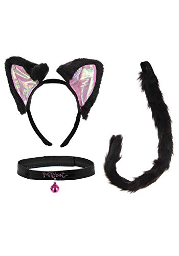 Black & Pink Cat Ears, Collar & Tail Kit - Velvet Headband, Bell Collar, Adjustable Faux Fur Tail