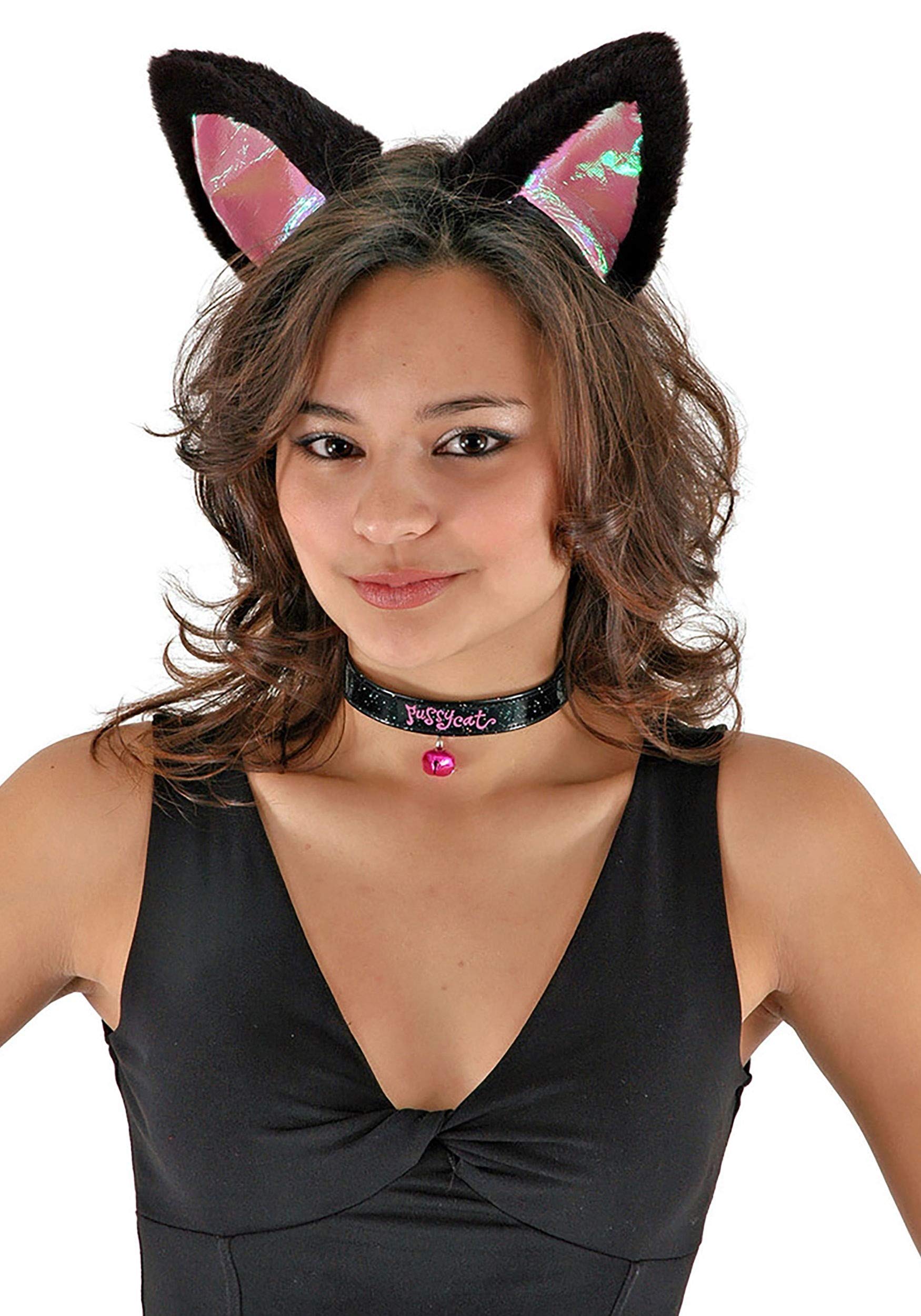Black & Pink Cat Ears, Collar & Tail Kit - Velvet Headband, Bell Collar, Adjustable Faux Fur Tail