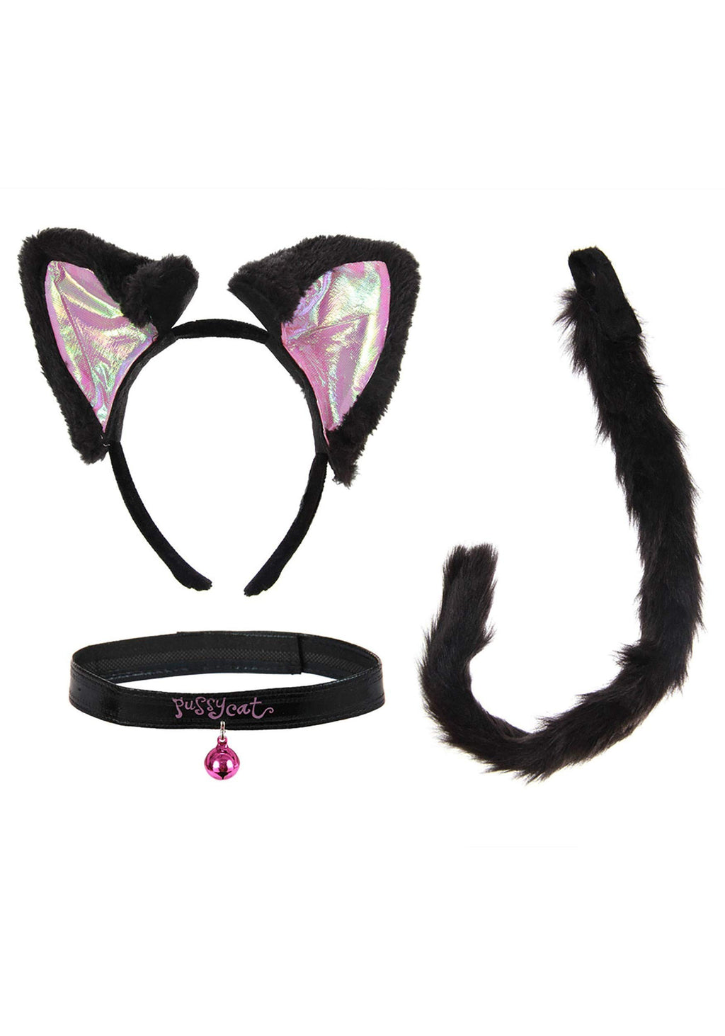 Black & Pink Cat Ears, Collar & Tail Kit - Velvet Headband, Bell Collar, Adjustable Faux Fur Tail