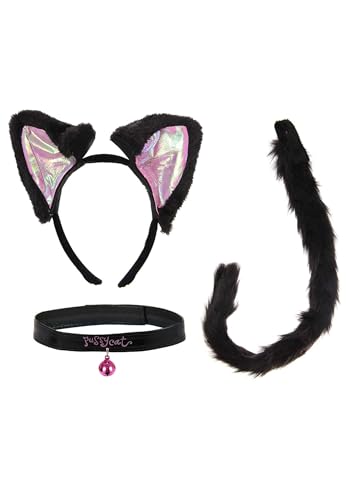 Black & Pink Cat Ears, Collar & Tail Kit - Velvet Headband, Bell Collar, Adjustable Faux Fur Tail