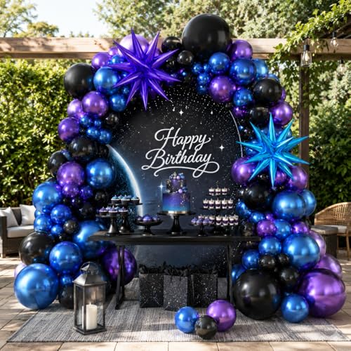 Black Purple Blue Balloon Arch Kit with Star Balloons – 109 Pieces for Video Game Party