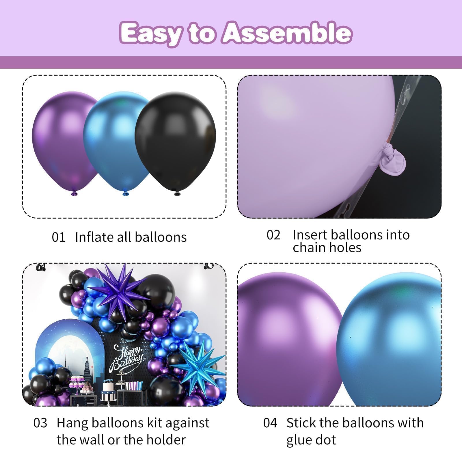 Black Purple Blue Balloon Arch Kit with Star Balloons – 109 Pieces for Video Game Party