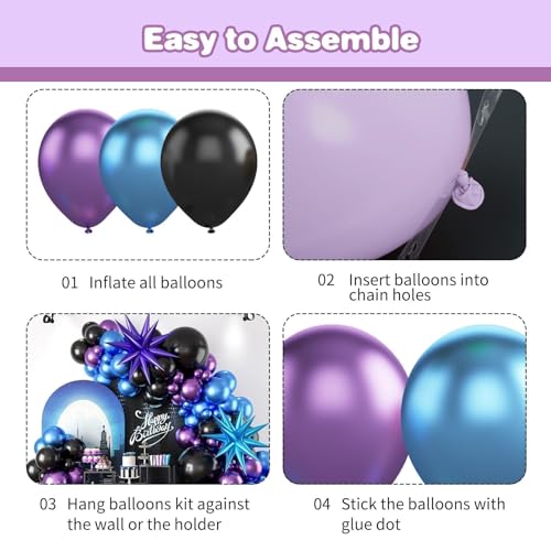 Black Purple Blue Balloon Arch Kit with Star Balloons – 109 Pieces for Video Game Party