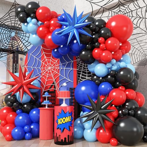 Black Red Blue Spider Theme Balloon Arch Kit – 106 Pieces with Starburst Foil Balloons for Hero-Themed Parties