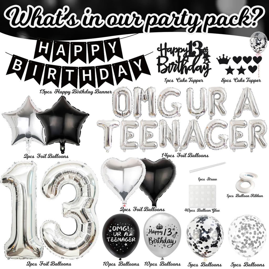 Black & Silver 13th Birthday Party Decorations Kit for Boys – Banner, Balloons, Cake Topper
