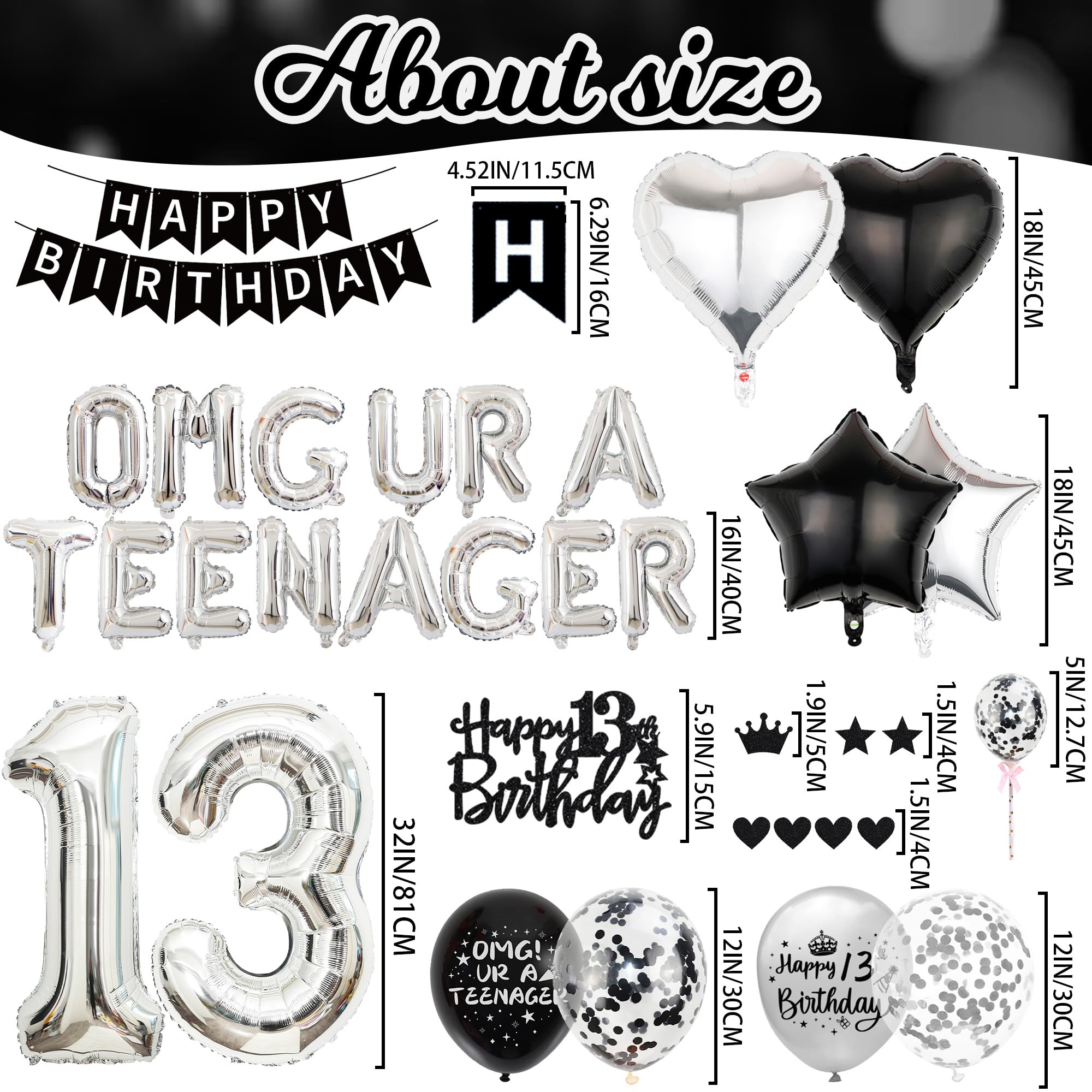 Black & Silver 13th Birthday Party Decorations Kit for Boys – Banner, Balloons, Cake Topper