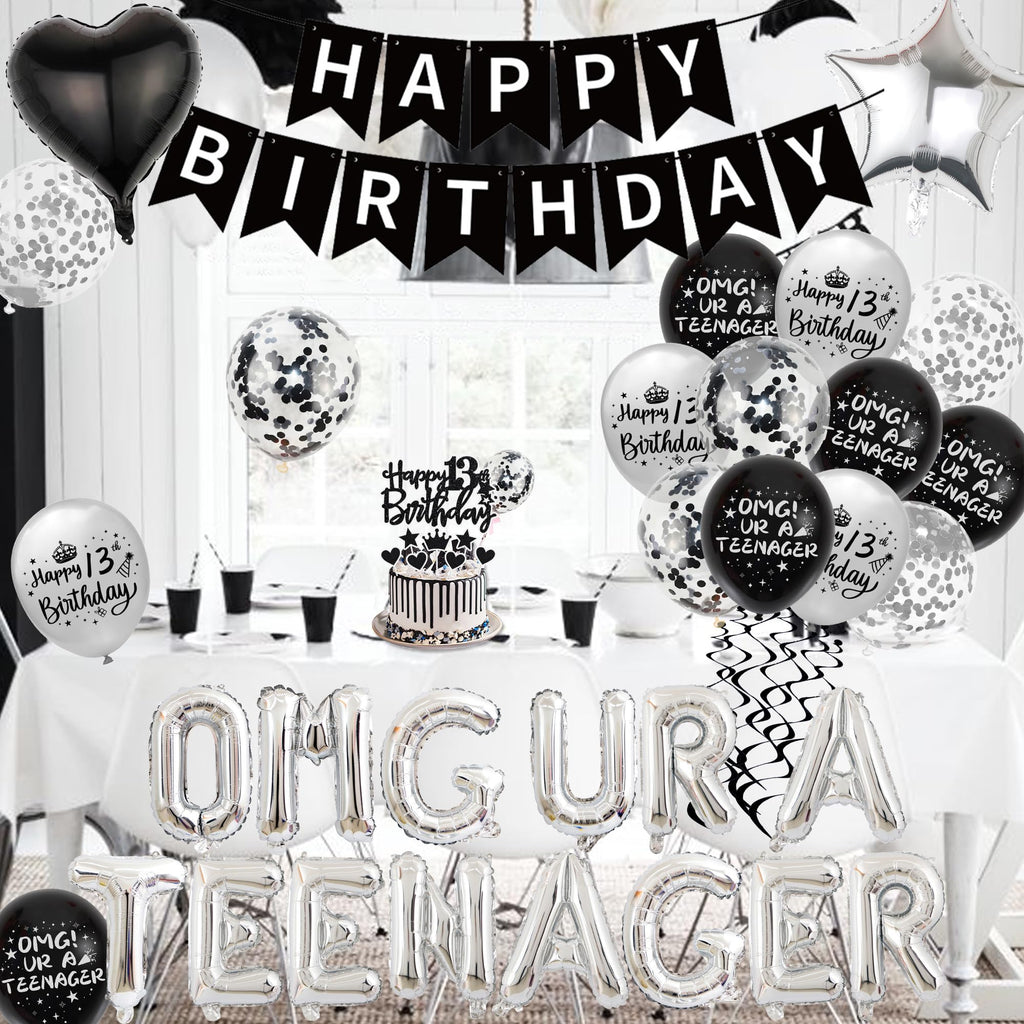 Black & Silver 13th Birthday Party Decorations Kit for Boys – Banner, Balloons, Cake Topper