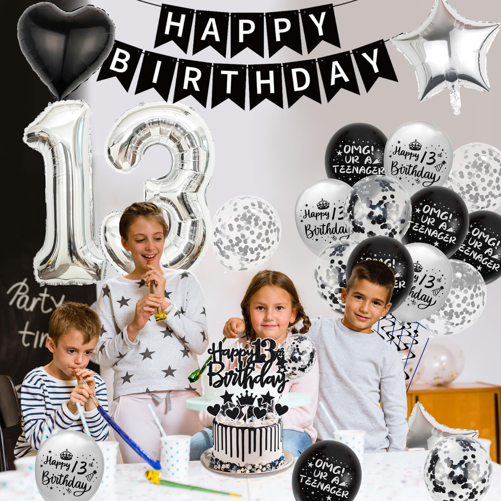 Black & Silver 13th Birthday Party Decorations Kit for Boys – Banner, Balloons, Cake Topper