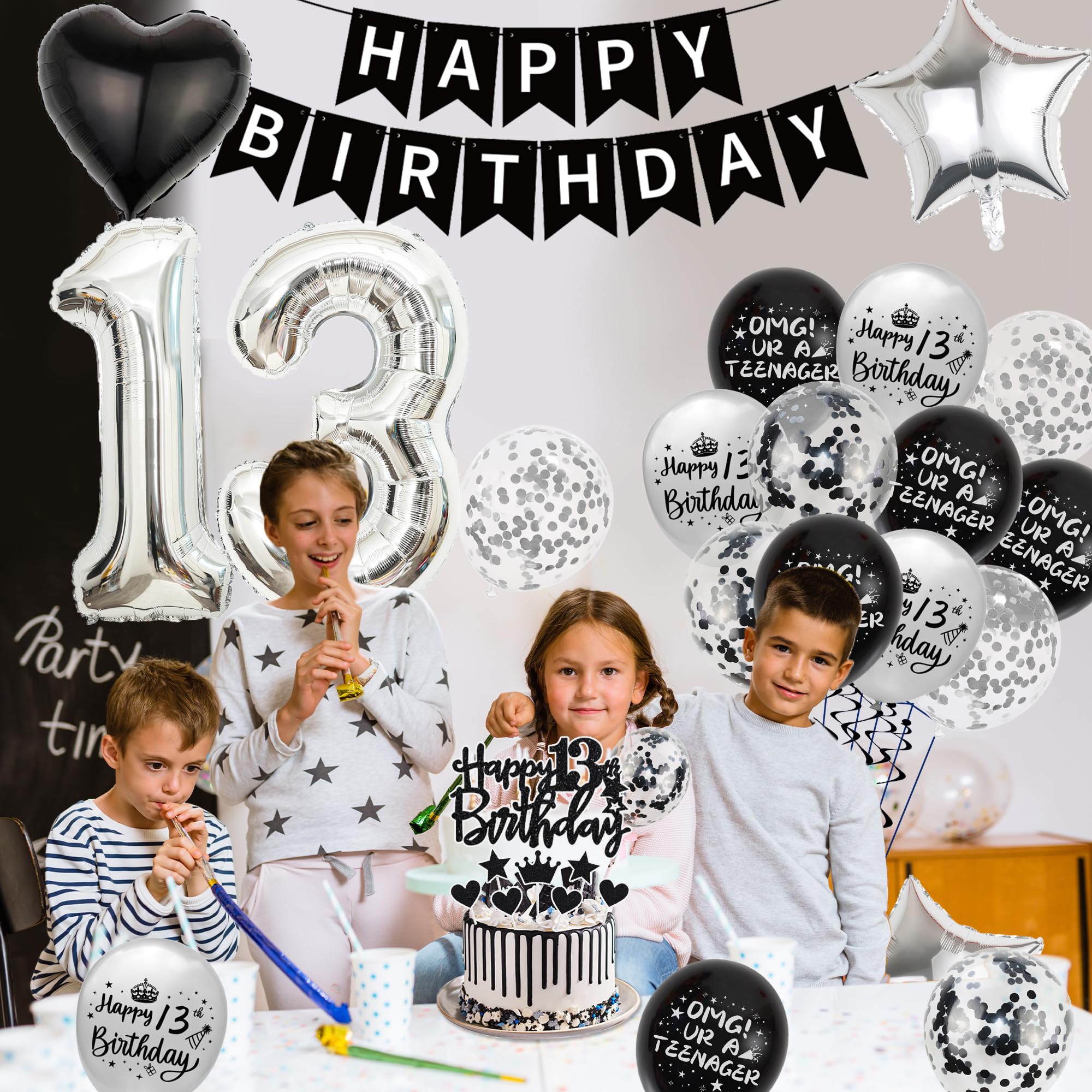 Black & Silver 13th Birthday Party Decorations Kit for Boys – Banner, Balloons, Cake Topper