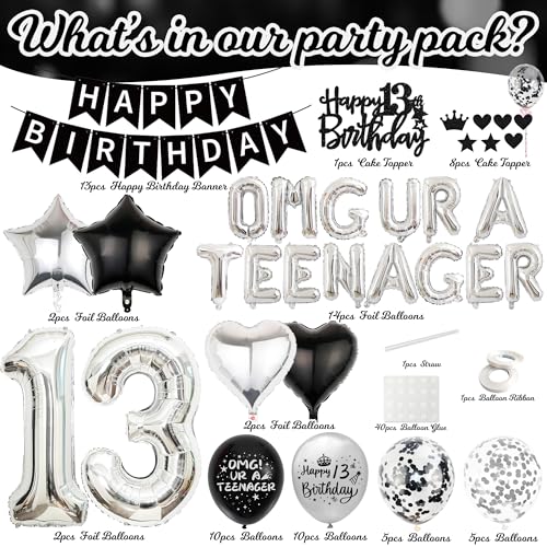 Black & Silver 13th Birthday Party Decorations Kit for Boys – Banner, Balloons, Cake Topper