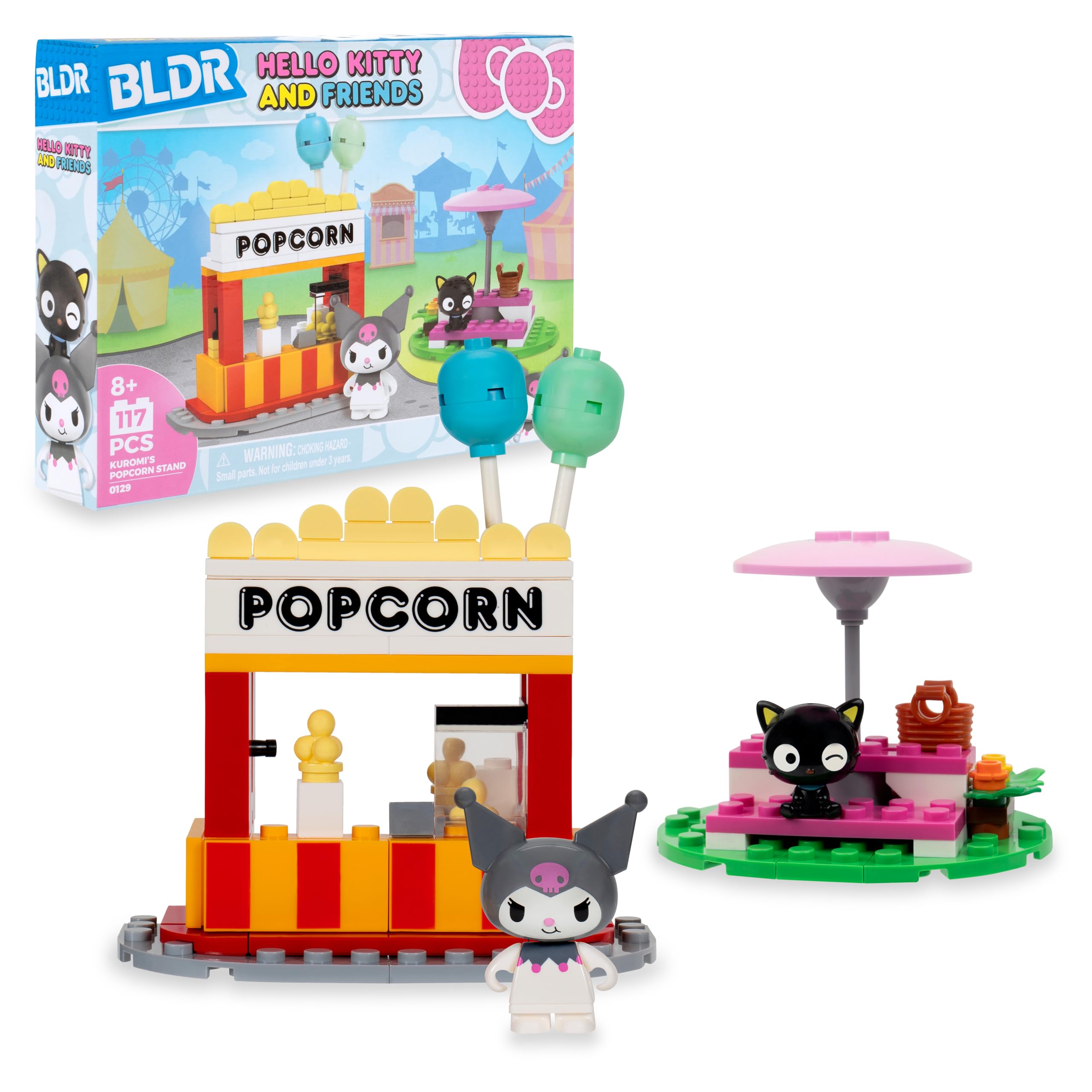 BLDR Hello Kitty and Friends Kuromi's Popcorn Stand Building Set – 117 Pieces with Poseable Kuromi & Chococat Figures, Ages 8+